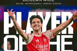 实至名归！赖斯当选对阵拜仁一役阿森纳队内最佳球员