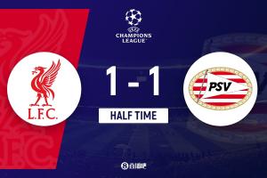 半场-利物浦暂1-1埃因霍温 范戴克手球送点佩里西奇点射索博扳平