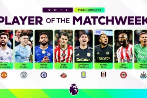 英超官方公布本轮最佳球员候选：B费、福登、里斯·詹姆斯入选